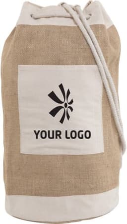 A jute duffel bag featuring a natural beige colour and a drawstring closure, with a front pocket and a logo.