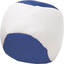 A blue and white imitation leather juggling ball with a smooth surface and stitched seams, featuring a logo.