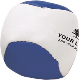 An imitation leather juggling ball in white and blue with a logo printed on it.