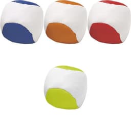 A set of imitation leather juggling balls in blue, orange, red, and green with white sections.