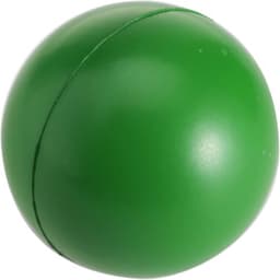 A round green PU foam stress ball with a smooth surface and a seam.