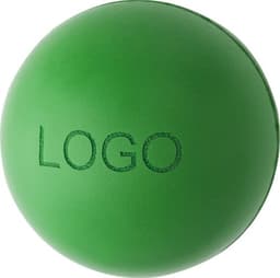 A green PU foam stress ball with a logo on its surface, designed for stress relief and fun.