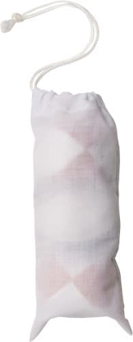A cylindrical pouch in white and pastel colours, featuring a drawstring closure. It has a logo printed on the surface.