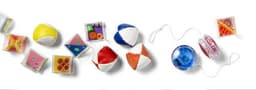 A PVC juggling set featuring multicoloured balls and yo-yos, including yellow, red, blue, and white designs.