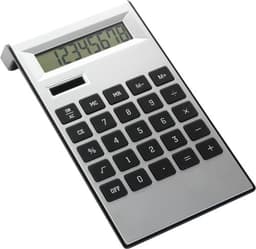 A silver and black ABS calculator with a digital display and numeric keypad. It features a logo at the top.