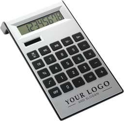 A silver calculator with a black keypad and an LCD display. Features a branded logo on the front.