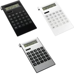 Three calculators in black, white, and silver, featuring large buttons and an LCD display, each with a logo.