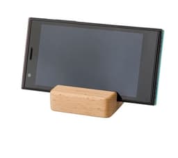 A beech wood phone holder displaying a smartphone in a sleek design, showcasing its natural finish.
