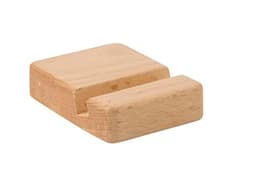 A beech wood phone holder in a natural wood finish, featuring a simple, minimalist design.