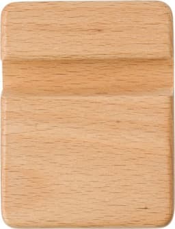 A beech wood phone holder in a light wooden colour, featuring a smooth, rectangular design with a groove for stability.