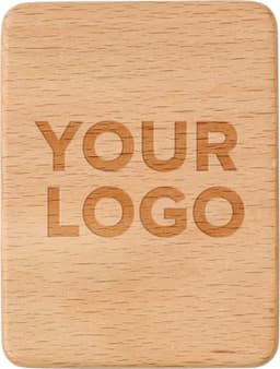 A beech wood phone holder featuring a light natural finish and a logo engraved on the surface.
