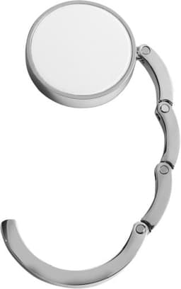 A metallic bag hook with a round top and articulated arm, featuring a shiny silver finish.