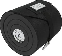 A black cylindrical carrier for ties with a strap, featuring a logo on the front.