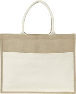 A jute bag in natural tan and cream, featuring two handles and a front pocket. It has a simple logo.