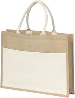 A jute bag in natural brown and cream with two handles and a front pocket. It features a logo on the design.
