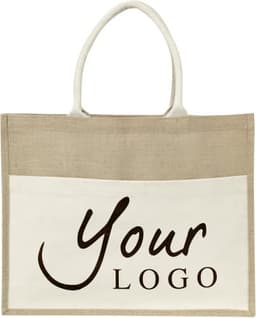 A jute bag in natural brown and cream, featuring a logo on the front. It has two sturdy handles.