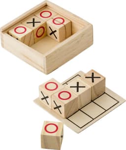 A wooden Tic Tac Toe game featuring red and black game pieces, stored in a light wooden box.