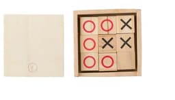 A wooden tic tac toe game featuring a square box with red and black markers on light wooden blocks.