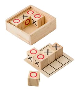 A wooden tic tac toe game featuring a box, wooden pieces with red and black markings, and a game board.