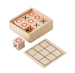A wooden Tic Tac Toe game set featuring red and black blocks in a square wooden box with an empty grid sheet.