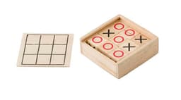 A wooden Tic Tac Toe game with a box containing marker tiles and a game board sheet.