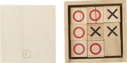 A wooden Tic Tac Toe game featuring a light wood box with red and black X and O blocks inside.