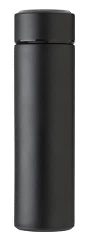 A drink bottle in matte black stainless steel with a sleek design and an LED display on the lid.