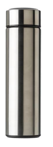 A stainless steel thermos bottle in a sleek silver finish, featuring an LED display on the front.
