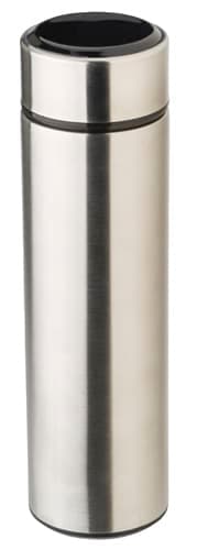 A stainless steel thermos bottle with a sleek metallic finish and an LED display on the lid.