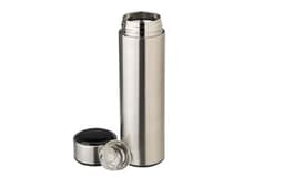 A stainless steel thermos bottle in silver, featuring a removable lid and an LED display.