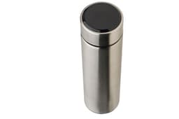 A stainless steel thermos bottle in silver, featuring a sleek black LED display on the top.