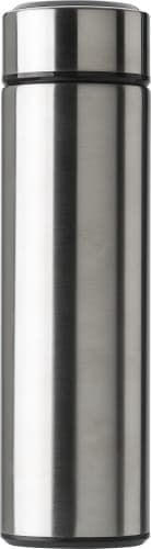 A stainless steel thermos bottle with an LED display, featuring a sleek silver finish. It has a minimalistic design and a logo.