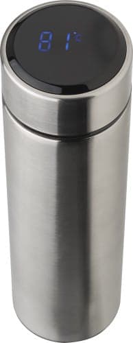 A stainless steel thermos bottle with a sleek design and LED display at the top showing the temperature.