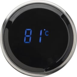 A drink bottle lid featuring a black surface with a blue LED temperature display showing 81°C, surrounded by stainless steel.