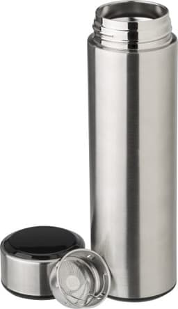 A drink bottle with a shiny stainless steel finish, featuring a removable black lid and a built-in LED display.