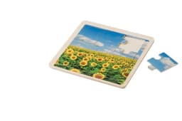 A wooden nine-piece puzzle featuring a vibrant sunflower field and a blue sky. One piece is separated from the puzzle.
