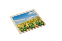A wooden nine-piece puzzle featuring a bright sunflower field against a blue sky. It has a square shape and natural wood colour.