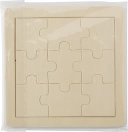 A wooden nine-piece puzzle in a natural finish, neatly arranged within its square frame.