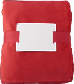 A red polyester blanket tied with a ribbon and featuring a card for customisation. Soft and plush design.