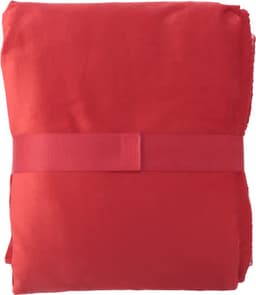 A red polyester blanket, folded and secured with a matching ribbon, featuring a smooth texture.