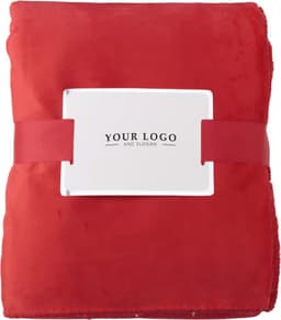 A red polyester blanket, neatly packaged with a branded label. Suitable for home and living decor.