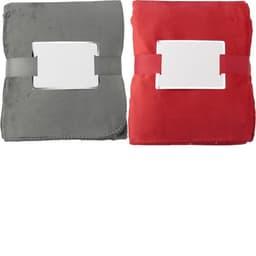 A red and grey polyester blanket with a band around each, featuring a blank label.