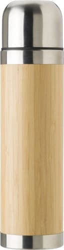 A drink bottle with a bamboo exterior and stainless steel cap, featuring a sleek and modern design.
