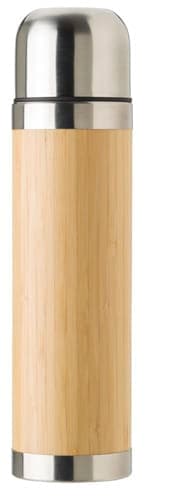 A drink bottle with a bamboo exterior and stainless steel lid, holding 400 ml. It features a sleek, modern design.
