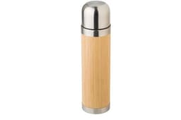 A drink bottle with a stainless steel top and a natural bamboo body, featuring a logo. Holds 400 ml.