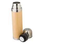 A drink bottle made of bamboo with stainless steel accents, featuring a removable black cap.
