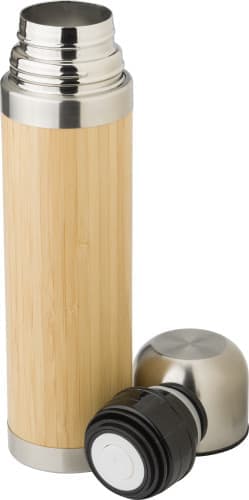 A drink bottle made of bamboo with stainless steel accents, featuring a removable black cap.