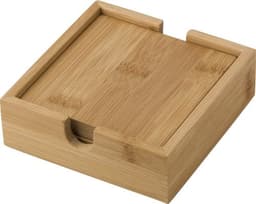 A bamboo coaster set in a square holder, featuring a natural wood finish and a sliding compartment.