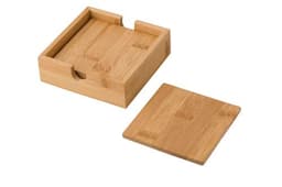 A bamboo coaster set featuring a storage box and multiple coasters, showcasing natural bamboo tones.