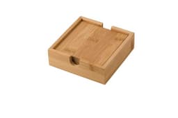 A bamboo coaster set featuring a square holder, displaying a natural wooden finish. It has a sleek design with a branding logo.